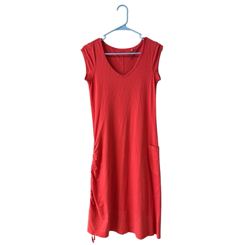 Toad&Co Muse Midi Dress XS Organic Cotton Ruched Pocket Summer Casual Red Orange